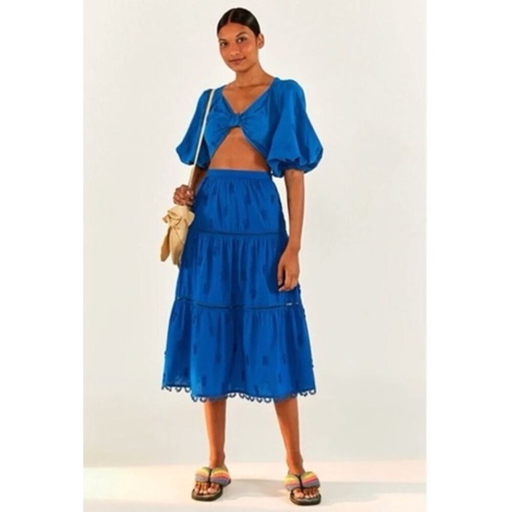 FARM RIO Blue Tiered Embroidered Pineapple Midi Skirt